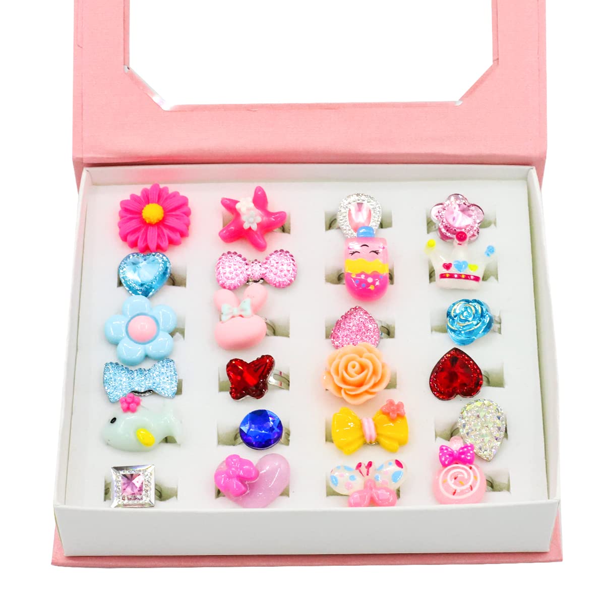 SANNIDHI 24pcs Combo Finger Rings for Girls Resin Cartoon Cute Ring Set for Girls Kids Pretend Play Dress Up, Adjustable Size Jewelry Rings with Gift Box SANNIDHI 24pcs Combo Finger Rings for Girls Resin Cartoon Cute Ring Set for Girls Kids Pretend Play Dress Up, Adjustable Size Jewelry Rings with Gift Box